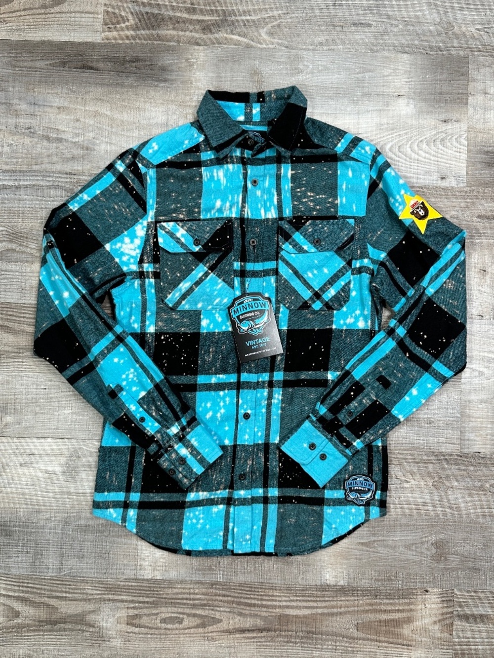 NWT Angry Minnow Flannel Shirt Mens Sz S Blue Plaid Minnesota Smokey Back Patch
